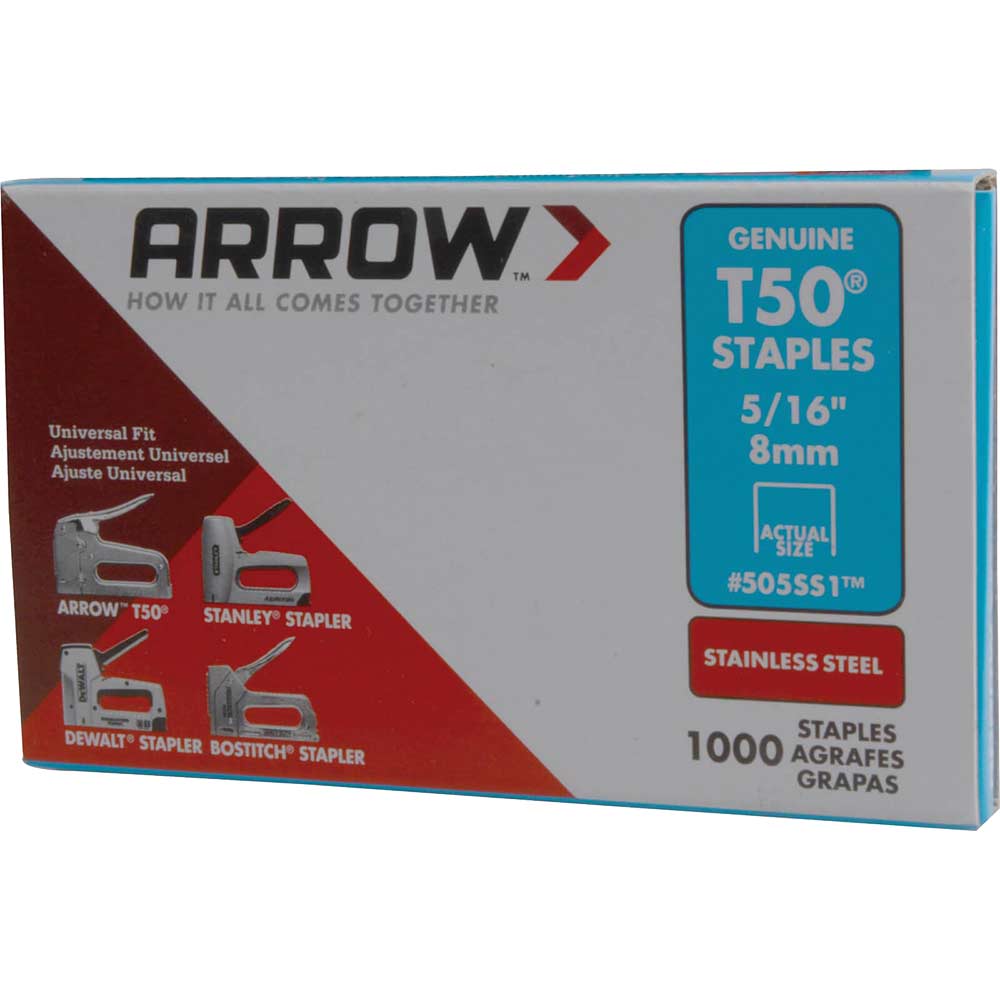 Arrow T50 8mm Stainless Steel Staples Pack of 1000 516 Arrow T50 8mm Stainless Steel Staples Pack of 1000 516